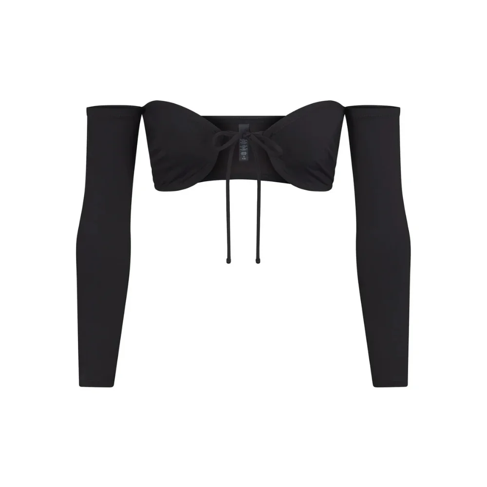 SKIMS Black Off-Shoulder Long Sleeve Bikini Top XXS